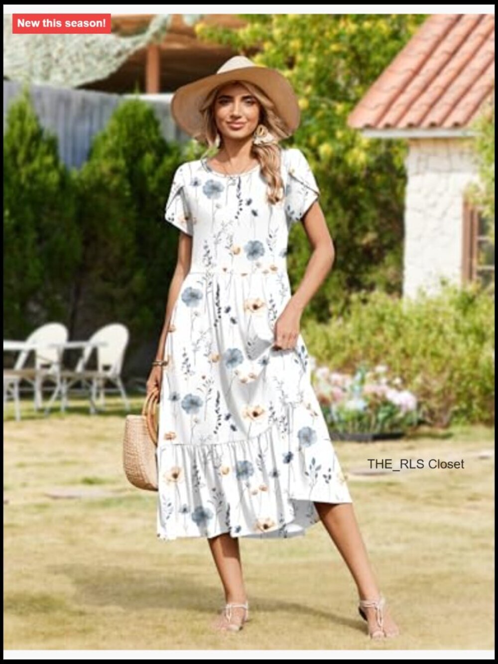 Summer Midi A Line Dress Short Sleeve Casual Flowy Tiered Beach Sundress with - Picture 4 of 7